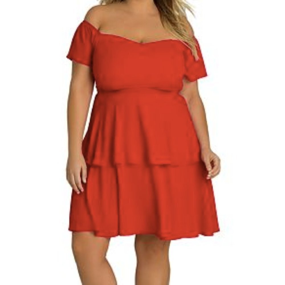 City Chic Red Off The Shoulder Tiered Ruffle Mini Dress Size S 16 Plus Size